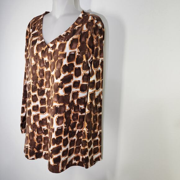 Belle by Kim Gravel Womens TripleLuxe Knit Abstract Giraffe Top Small Java Brown - Picture 6 of 11